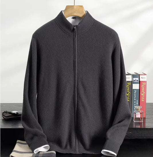 Men's Alashan Cashmere Zippered Cardigan in Davy Grey, displayed on a hanger with a white shirt underneath, showcasing its polished mock neck and ribbed texture. From Borcelleclothes.