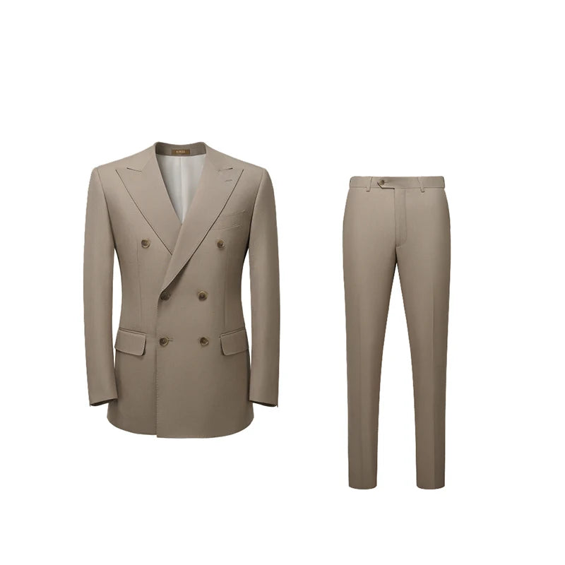 Almond Frost blazer and pants laid flat side by side, highlighting full set harmony. From Borcelleclothes.