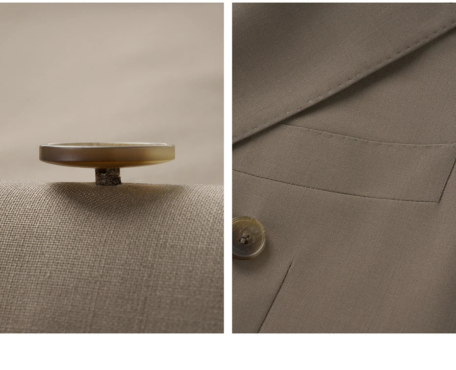 Collage of chest pocket, thread shank button, and lapel detail on the Almond Frost blazer. From Borcelleclothes.