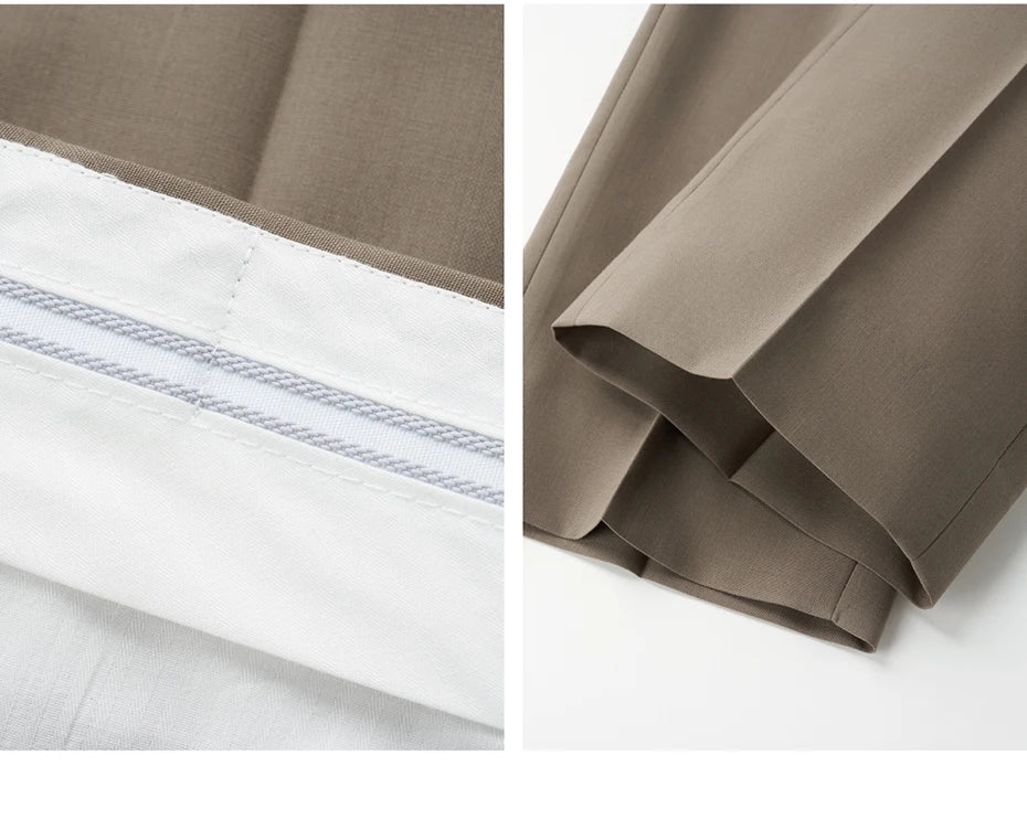 Collage showing gripper tape inside waistband and finished trouser hems in Almond Frost. From Borcelleclothes.