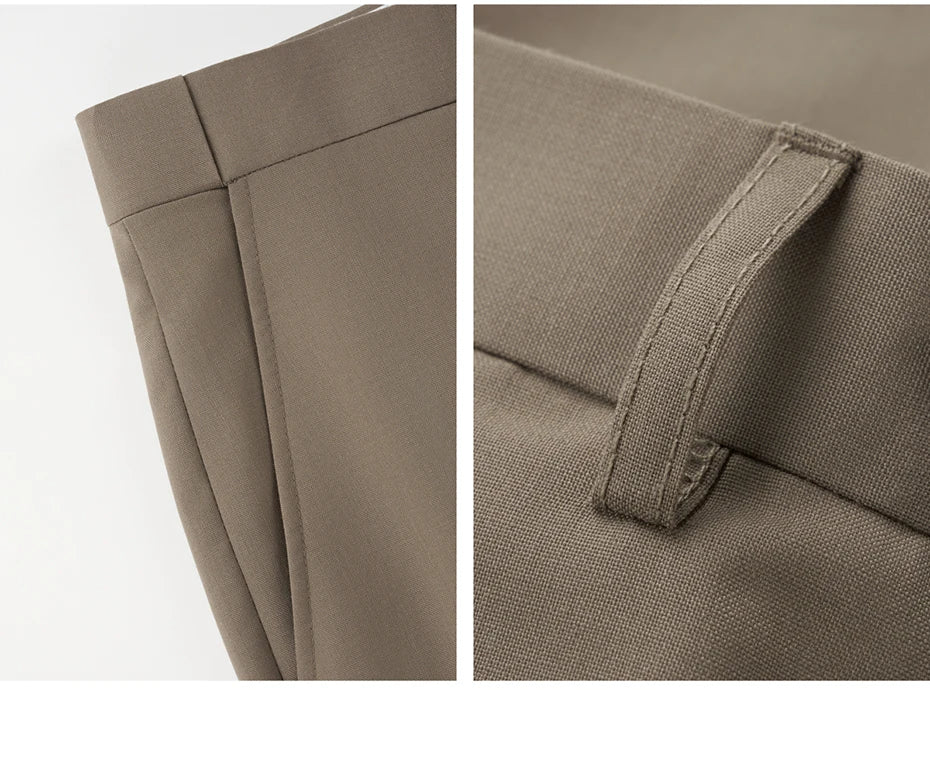 Collage of side slash pocket and belt loop detail on Almond Frost trousers. From Borcelleclothes.