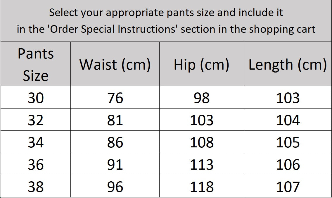 Men’s size chart for pants of the double-breasted suit in Almond Frost with peaked lapels and horn buttons, worn with quiet poise and modern edge. From Borcelleclothes.