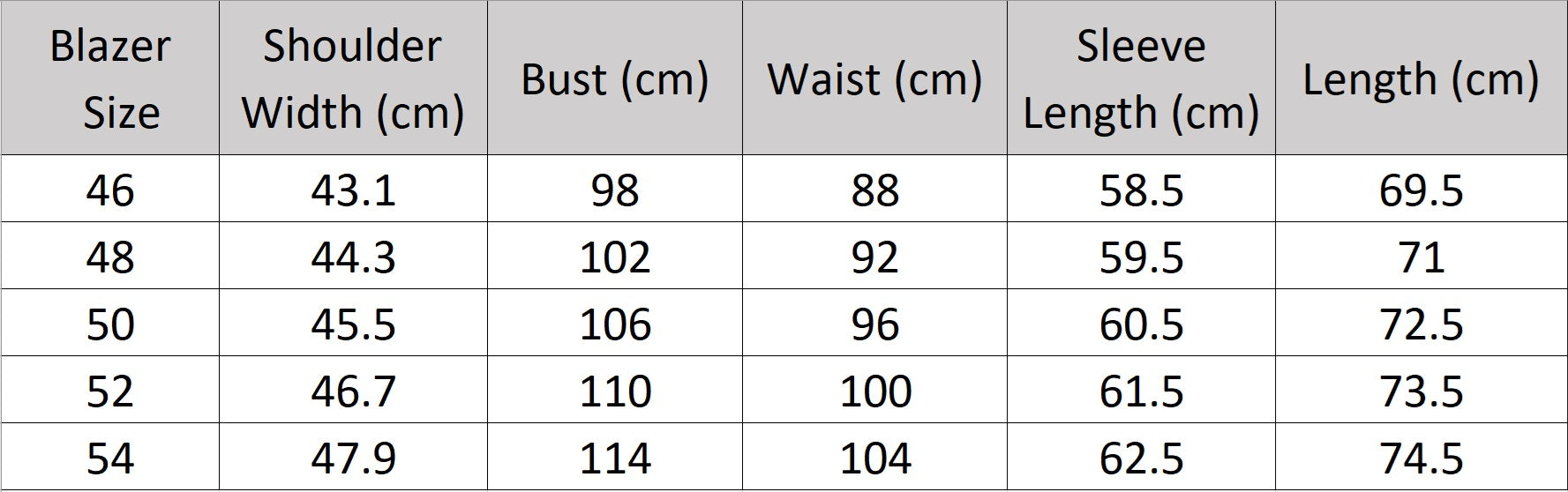 Men’s size chart for a blazer of the wool suit in Baltic Sea color featuring a single-breasted blazer and slim cropped trousers, crafted from 100% wool with refined tailoring and discreet adjusters. From Borcelleclothes.