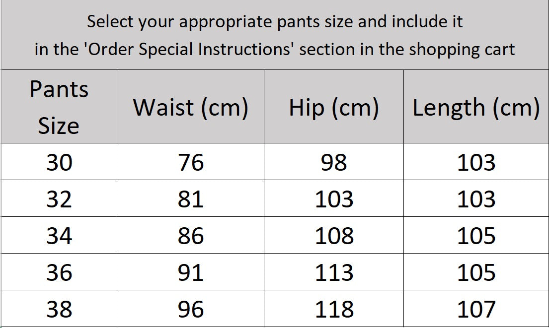 Men’s size chart for pants of the wool suit in Baltic Sea color featuring a single-breasted blazer and slim cropped trousers, crafted from 100% wool with refined tailoring and discreet adjusters. From Borcelleclothes.