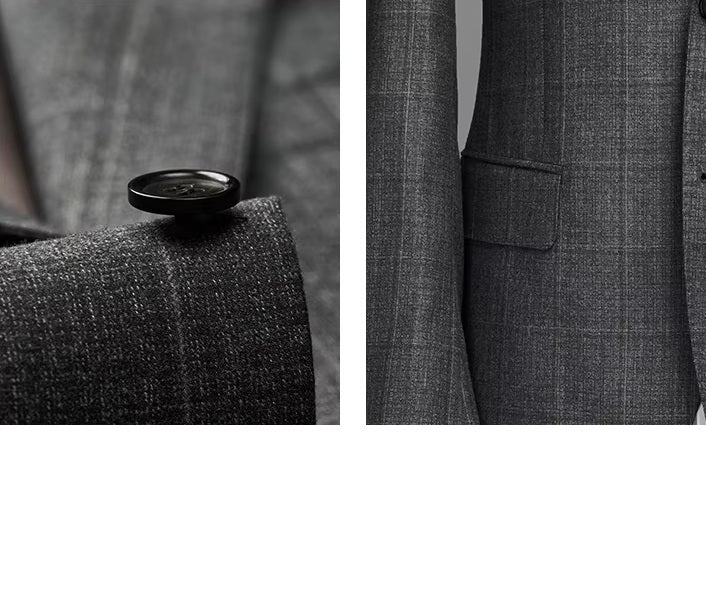 Collage showcasing the blazer button and side flap pocket on the Borcelleclothes Men's Bright Grey 3-Piece Plaid Suit, emphasizing the attention to detail and functionality.