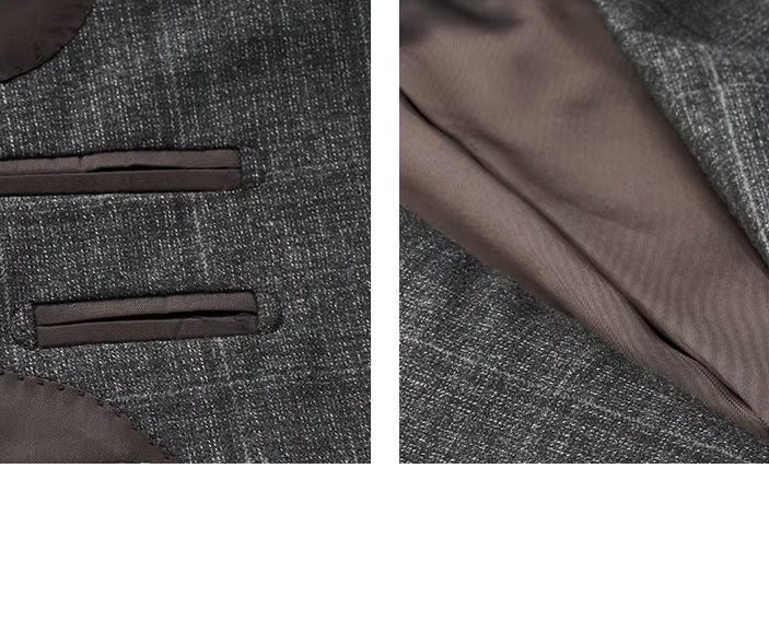 Collage showing the interior of the blazer from the Borcelleclothes Men's Bright Grey 3-Piece Plaid Suit, featuring two double-welt pockets and the Crater Brown lining.