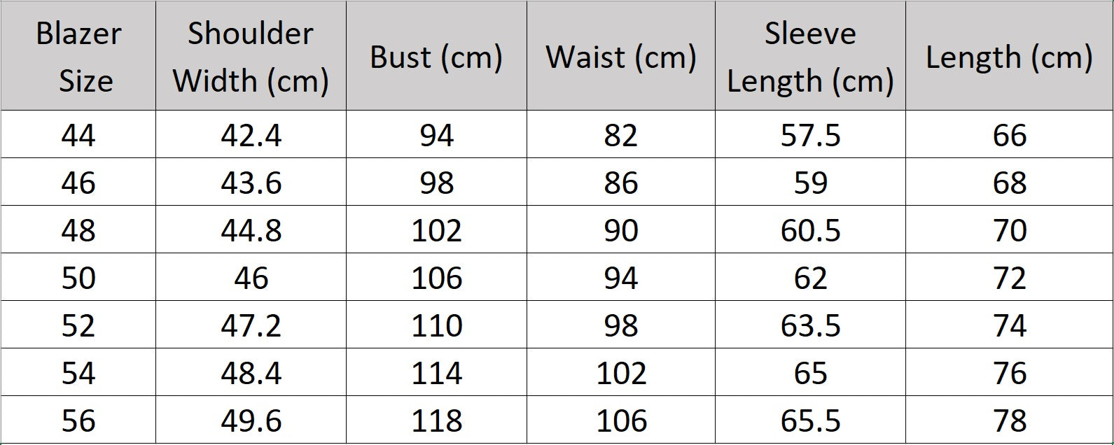 Size chart for the blazer of the Borcelleclothes Men's Bright Grey 3-Piece Plaid Suit, providing precise measurements for a perfect tailored fit.
