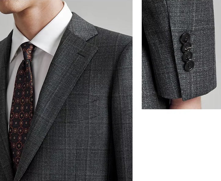 Collage showcasing the lapel and sleeve placket details of the blazer from the Borcelleclothes Men's Bright Grey 3-Piece Plaid Suit, highlighting the refined craftsmanship.