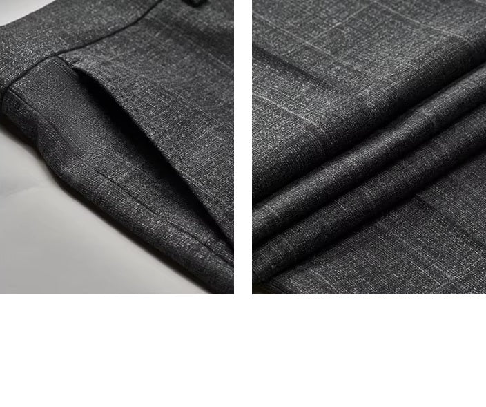 Collage featuring the side slash pocket and folded fabric detail on the pants of the Borcelleclothes Men's Bright Grey 3-Piece Plaid Suit, balancing practicality with style.