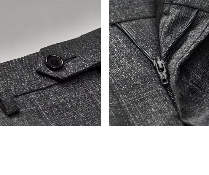 Collage displaying the waistband closure and zipper fly details on the pants of the Borcelleclothes Men's Bright Grey 3-Piece Plaid Suit, combining functionality with tailored elegance.