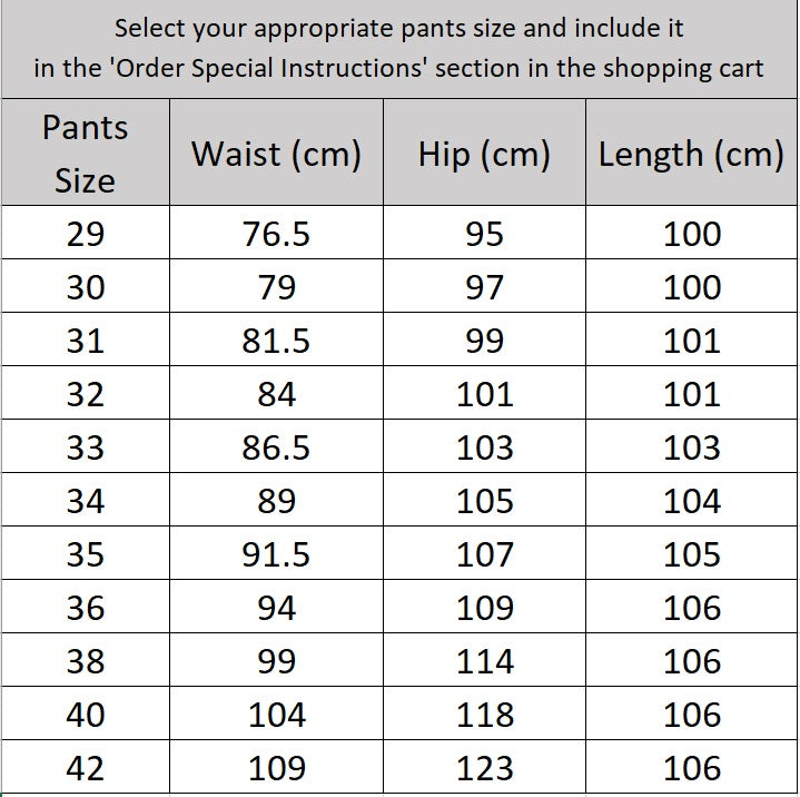 Size chart for the pants of the Borcelleclothes Men's Bright Grey 3-Piece Plaid Suit, ensuring a precise and comfortable fit.