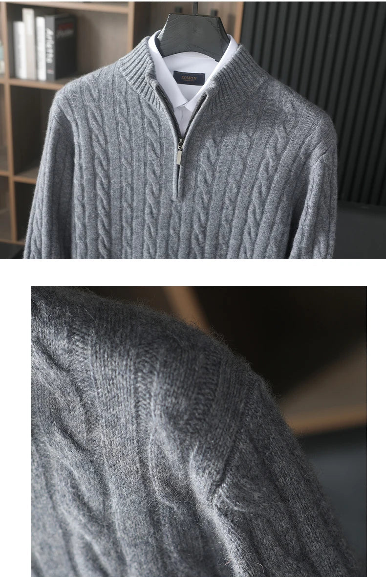 Collage of shoulder and upper body details of the cable cashmere sweater in Mountain Mist — From Borcelleclothes.
