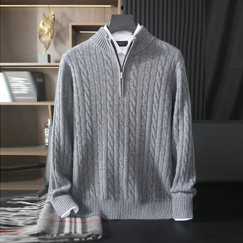 Men’s cable cashmere sweater in Mountain Mist with braided detailing, mock neck zip, and dropped shoulders —  From Borcelleclothes.