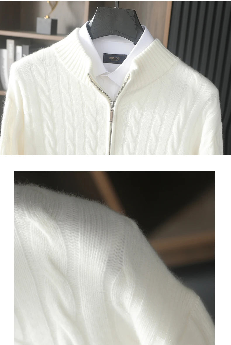 Collage of shoulder and upper part details of the cable cashmere sweater in Platinum — From Borcelleclothes.
