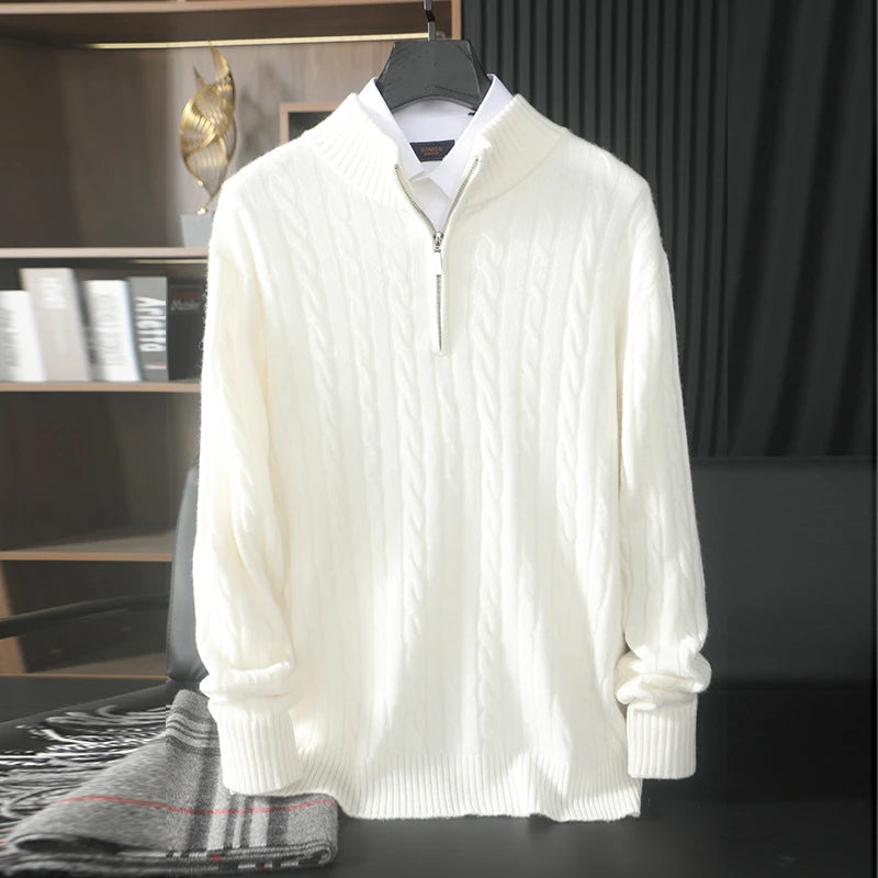 Men’s cable cashmere sweater in Platinum, with braided detailing, mock neck zip, and dropped shoulders —  From Borcelleclothes.