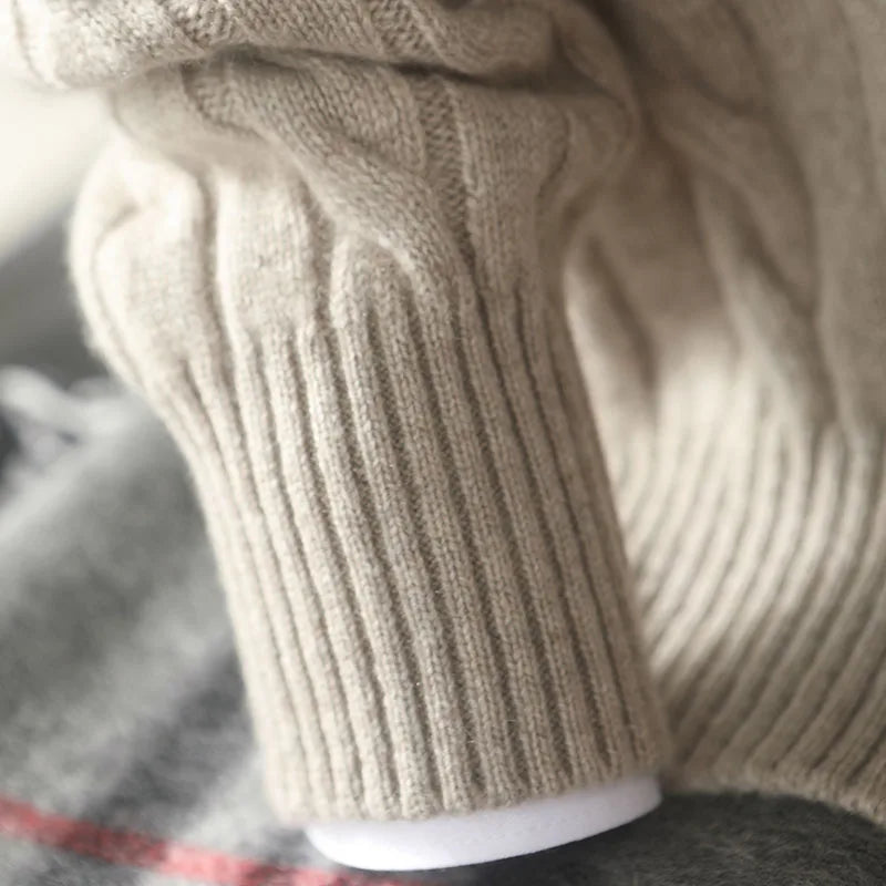 Cuff detail of the cable cashmere sweater in Shaken Not Stirred, highlighting rib-knit finish — From Borcelleclothes.