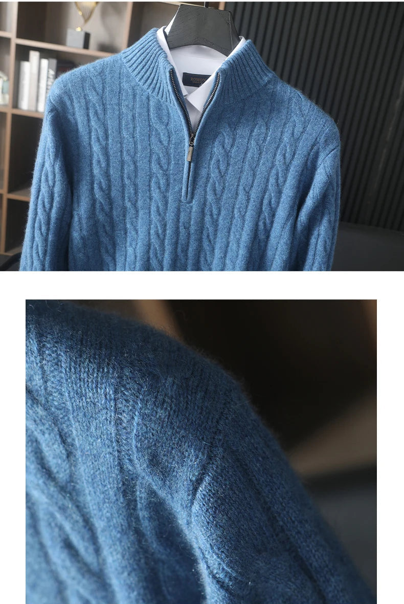Collage of shoulder and upper body details of the cable cashmere sweater in Silver Lake Blue — From Borcelleclothes.