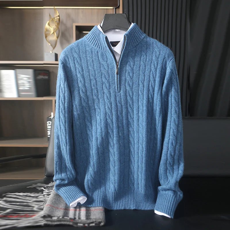 Men’s cable cashmere sweater in Silver Lake Blue, with braided detailing, mock neck zip, and dropped shoulders —  From Borcelleclothes.