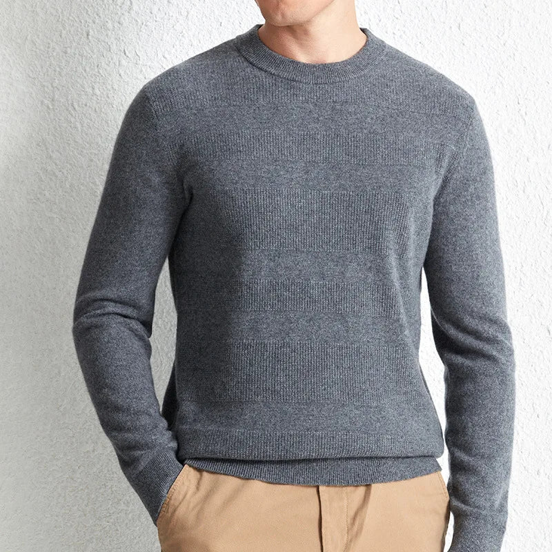 Men's Cashmere Crew Neck Sweater in Oslo Grey, crafted from 100% cashmere, featuring a ribbed crew neck and horizontal relief stripes for timeless elegance and modern sophistication. From Borcelleclothes.