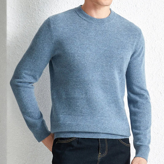 Men's Cashmere Crew Neck Sweater in Rock Blue, crafted from 100% cashmere, featuring a ribbed crew neck and horizontal relief stripes for timeless elegance and modern sophistication. From Borcelleclothes.