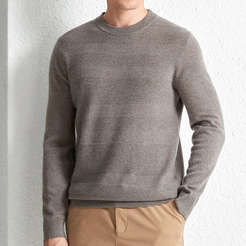 Men's Cashmere Crew Neck Sweater in Warm Grey, crafted from 100% cashmere, featuring a ribbed crew neck and horizontal relief stripes for timeless elegance and modern sophistication. From Borcelleclothes.