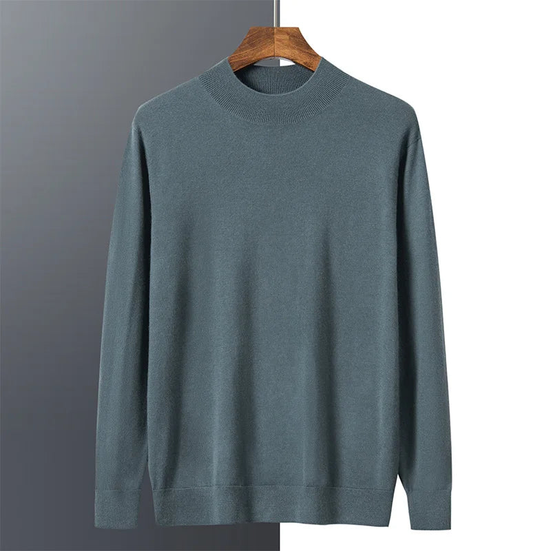 Front view of the Sea Swell mock neck cashmere sweater draped softly — From Borcelleclothes.