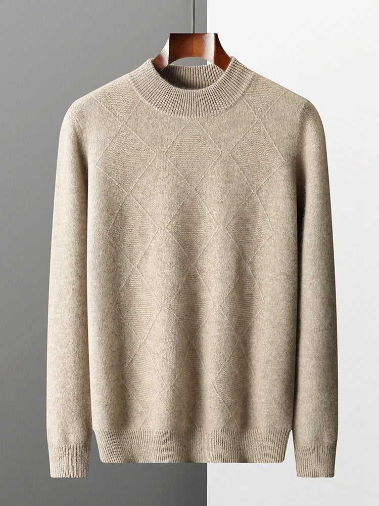 Front view of the Dark Vanilla men’s cashmere sweater with diamond knit — From Borcelleclothes.