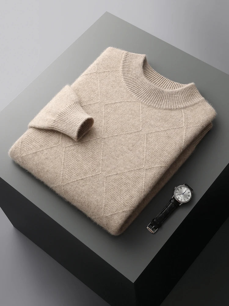 Men’s cashmere sweater in Dark Vanilla, with diamond-striped front motif and mock neck, in 100% Alashan Cashmere — From Borcelleclothes.