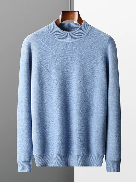Front view of the men's Rock Blue cashmere sweater with raised diamond motif — From Borcelleclothes.