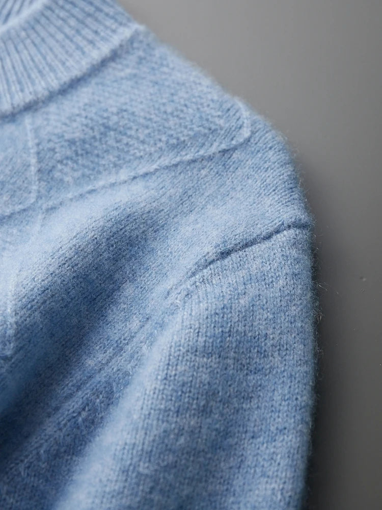 Shoulder detail of the Rock Blue diamond cashmere sweater — From Borcelleclothes.