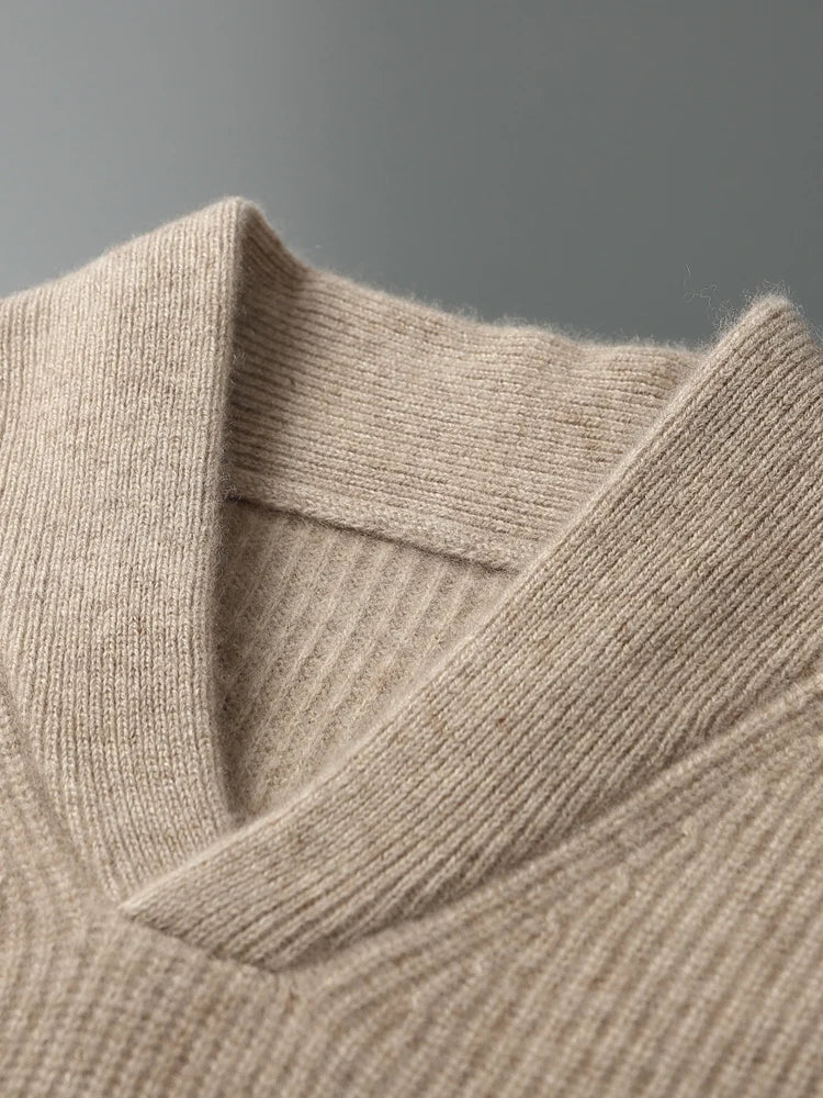 V-neckline close-up of the men’s Dark Vanilla cashmere sweater with framing collar — From Borcelleclothes.