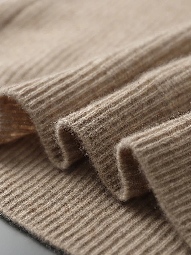 Bottom hem of the men’s Dark Vanilla cashmere sweater with clean finish — From Borcelleclothes.