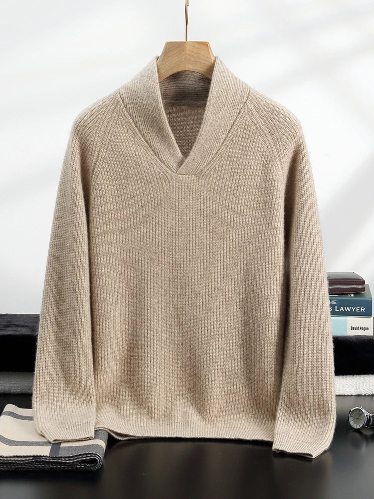 Front view of the men’s cashmere sweater in Dark Vanilla with soft draping — From Borcelleclothes.