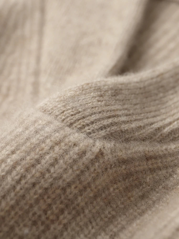 Truncated V-neck collar on the men’s Dark Vanilla cashmere sweater — From Borcelleclothes
