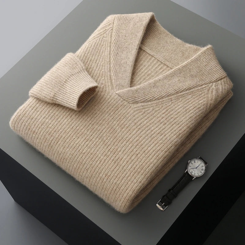 Men’s cashmere sweater in Dark Vanilla, with framing collar and raglan sleeves in fisherman rib knit — From Borcelleclothes.