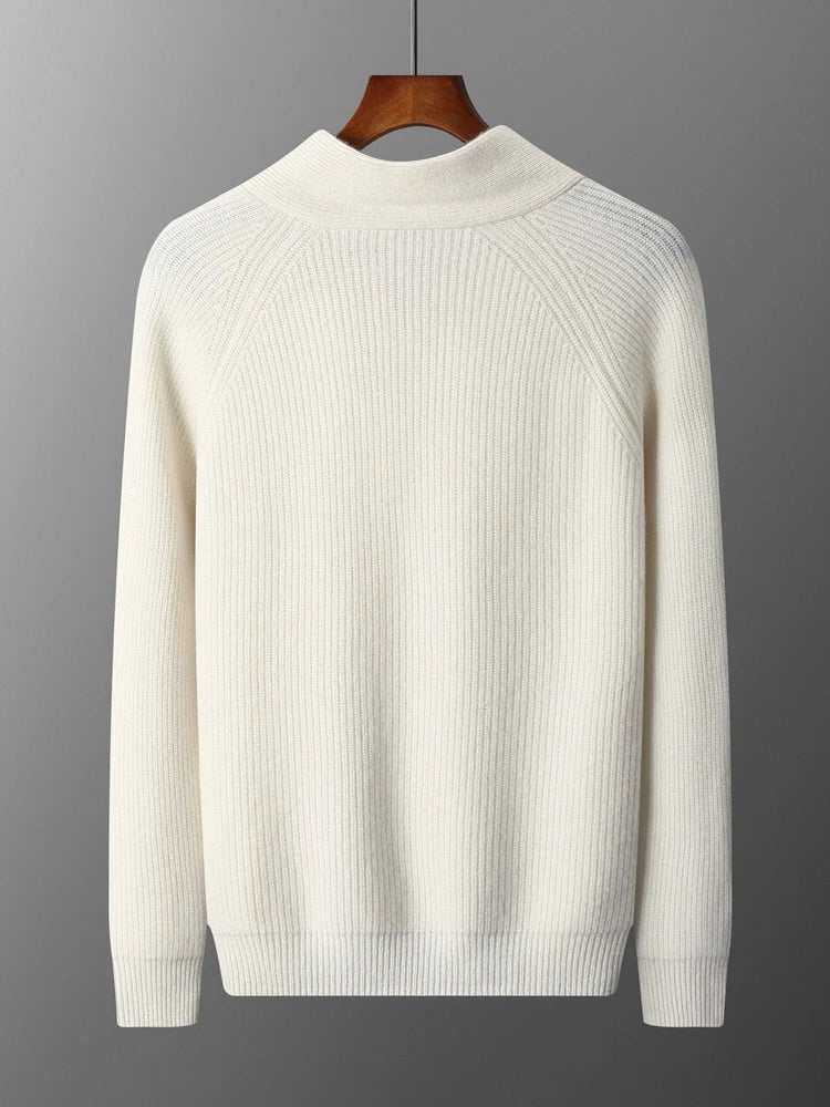 Back view of the men’s White Coffee cashmere sweater with soft draping — From Borcelleclothes.