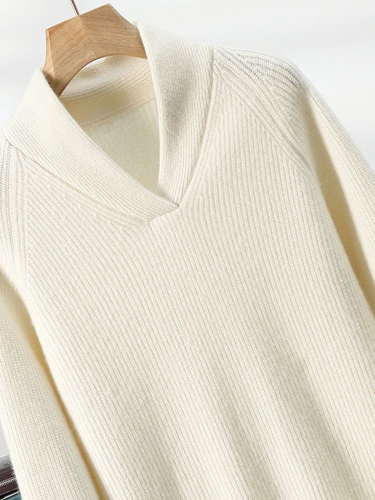 Upper part of the men’s White Coffee cashmere sweater showing framing collar — From Borcelleclothes.