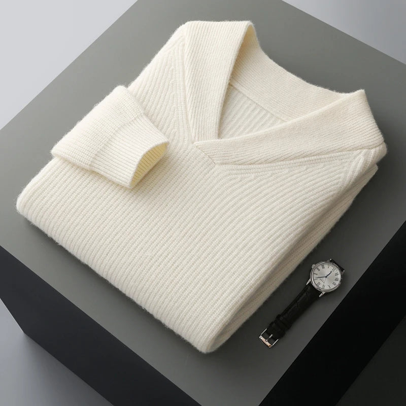 Men’s cashmere sweater in White Coffee, with framing collar and raglan sleeves in fisherman rib knit — From Borcelleclothes.
