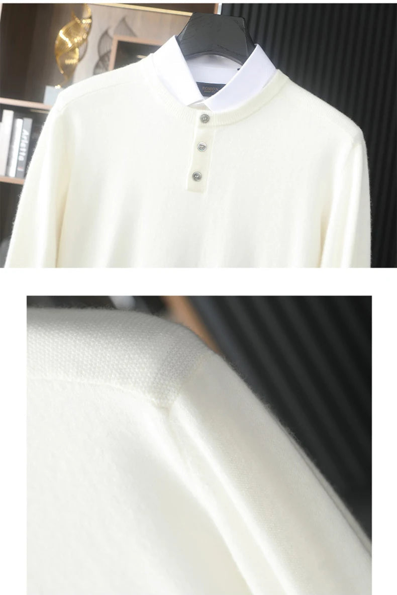 Men’s cashmere sweater in Alabaster, collage of upper part with placket and textured shoulder panels — From Borcelleclothes.