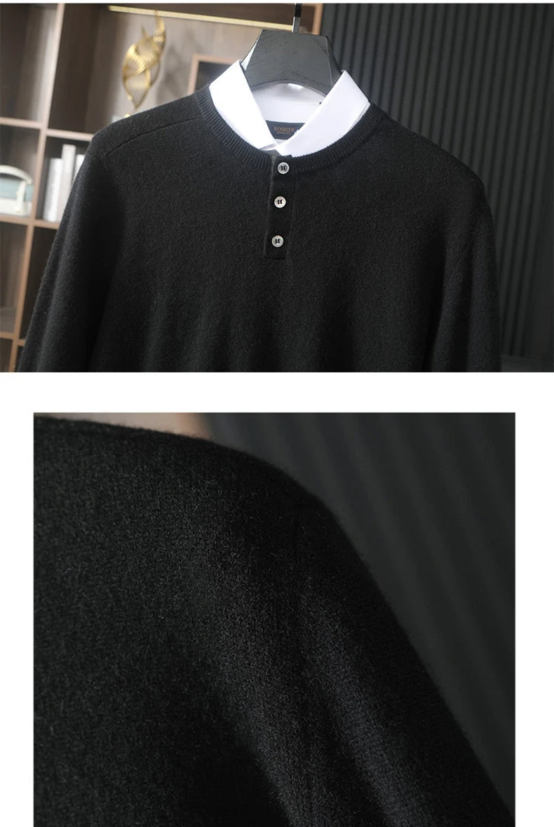 Men’s cashmere sweater in Onyx, collage showing shoulder texture and upper construction — From Borcelleclothes.