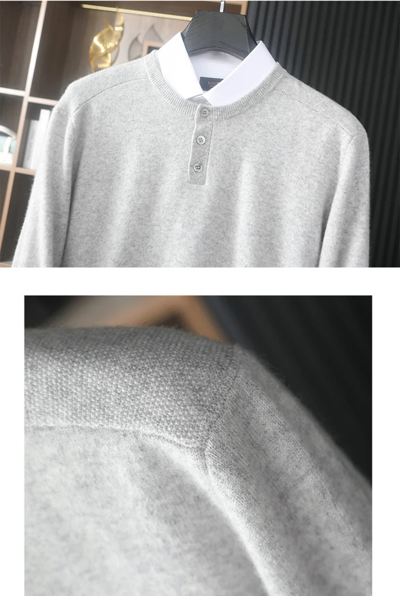 Men’s cashmere sweater in Silver Sand, upper part with placket and textured shoulder panel — From Borcelleclothes.