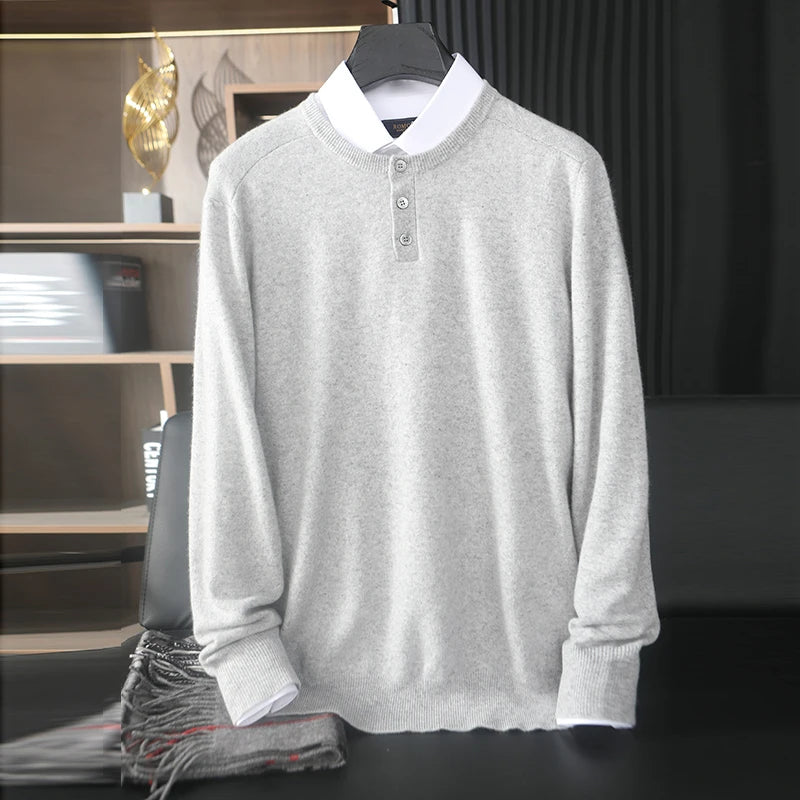 Men’s Grade A Cashmere Sweater in Silver Sand, with placket detail and textured shoulder panels, slim fit, shown layered with shirt — From Borcelleclothes.