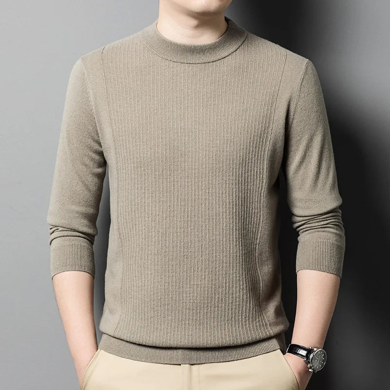 Men’s cashmere sweater in Bronco, with mock neck and wide textured front panel with vertical ridges — From Borcelleclothes.