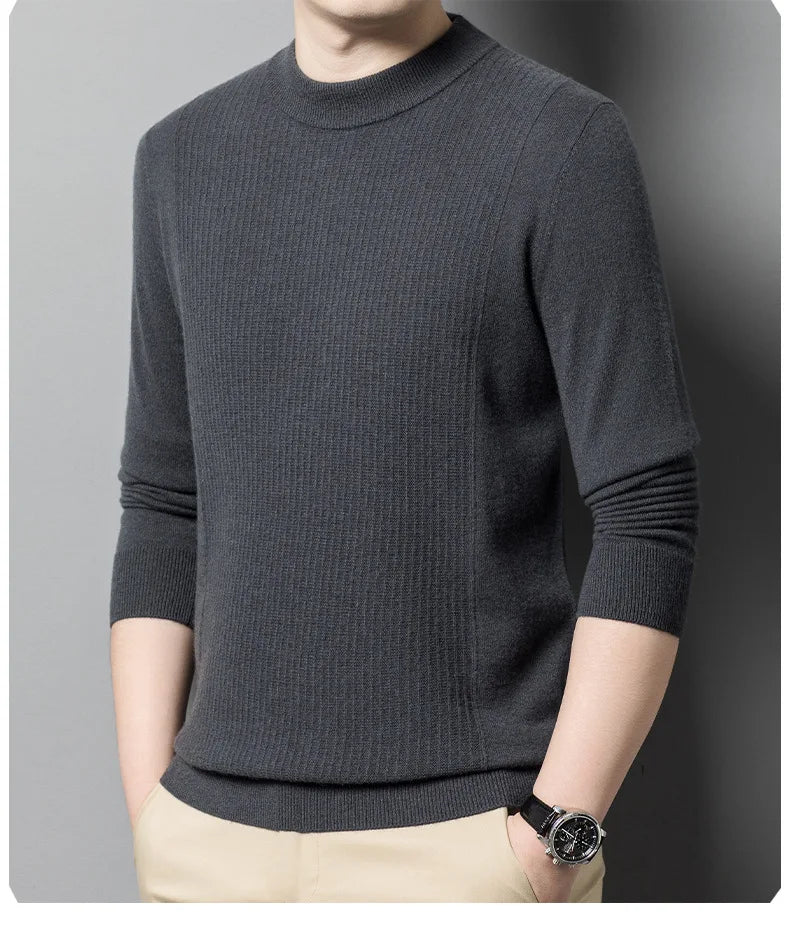 Davy Grey vertical ridge cashmere sweater, model turned slightly to the side – From Borcelleclothes.
