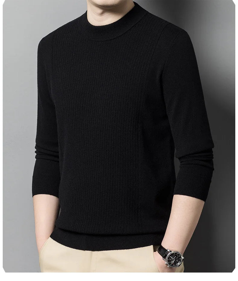 Onyx vertical ridge cashmere sweater, model turned slightly to the side – From Borcelleclothes.