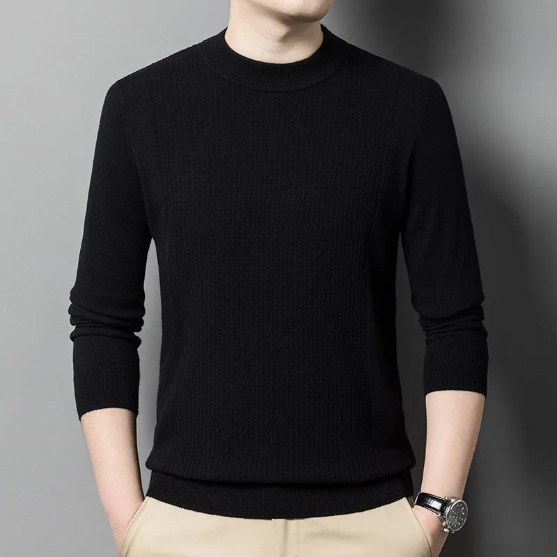 Men’s cashmere sweater in Onyx, with mock neck and wide textured front panel with vertical ridges — From Borcelleclothes.