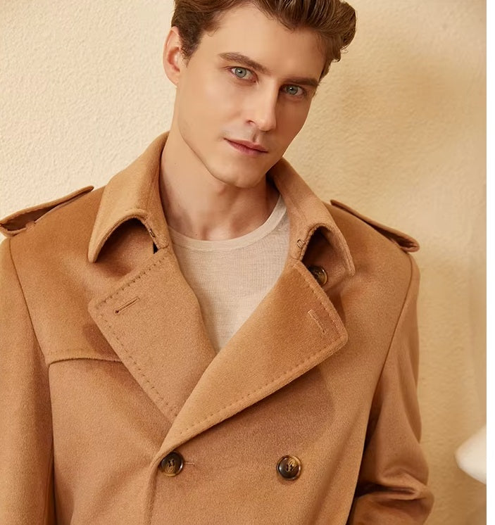 Upper part of the Men’s Cashmere Trench Coat in Burning Sand, featuring sharp notch lapels and precise tailoring in a rich cashmere blend. From Borcelleclothes.