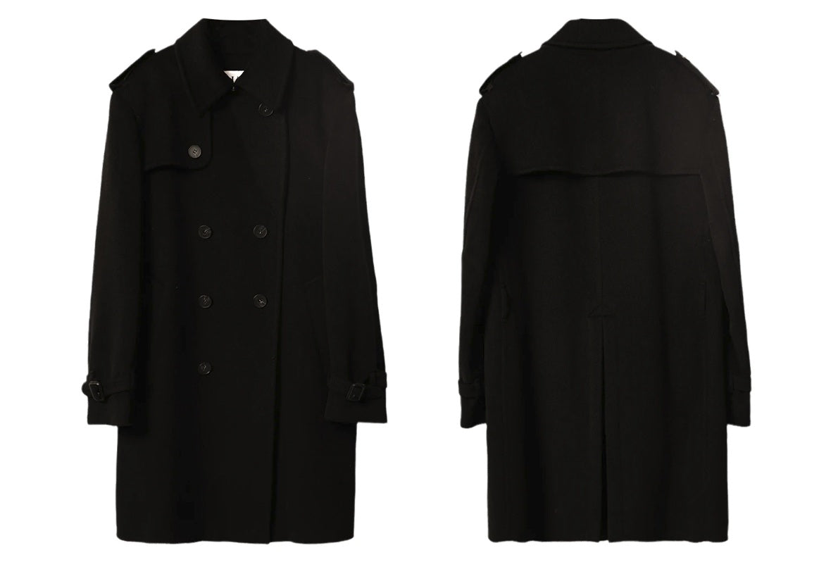 Front and back of the Men’s Cashmere Trench Coat in Onyx, highlighting the double-breasted closure, back storm flap, and elegant silhouette. From Borcelleclothes.