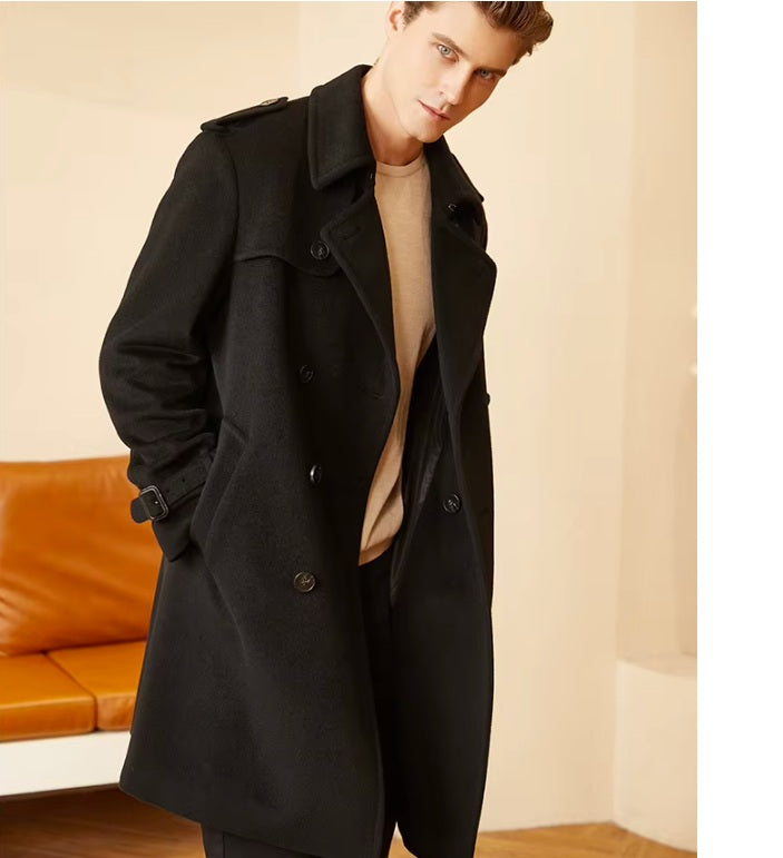 Model in the Men’s Cashmere Trench Coat in Onyx, with hands in pockets, emphasizing the relaxed yet structured design. From Borcelleclothes.