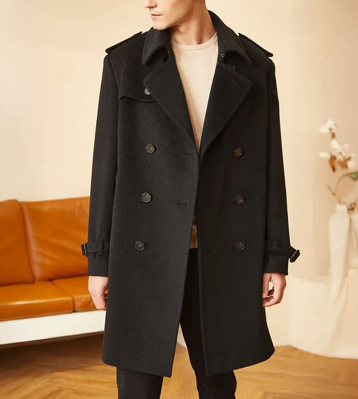 Men’s Cashmere Trench Coat in Onyx, crafted from a luxurious blend of 70% cashmere and 30% high-count wool. Featuring a double-breasted front, structured set-in sleeves, and refined trench coat detailing. From Borcelleclothes.